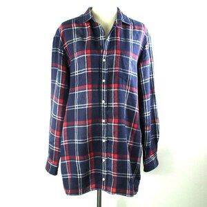 Frank & Eileen Mary Navy Red Plaid Linen Blend Button Up Shirt Dress Tunic L
